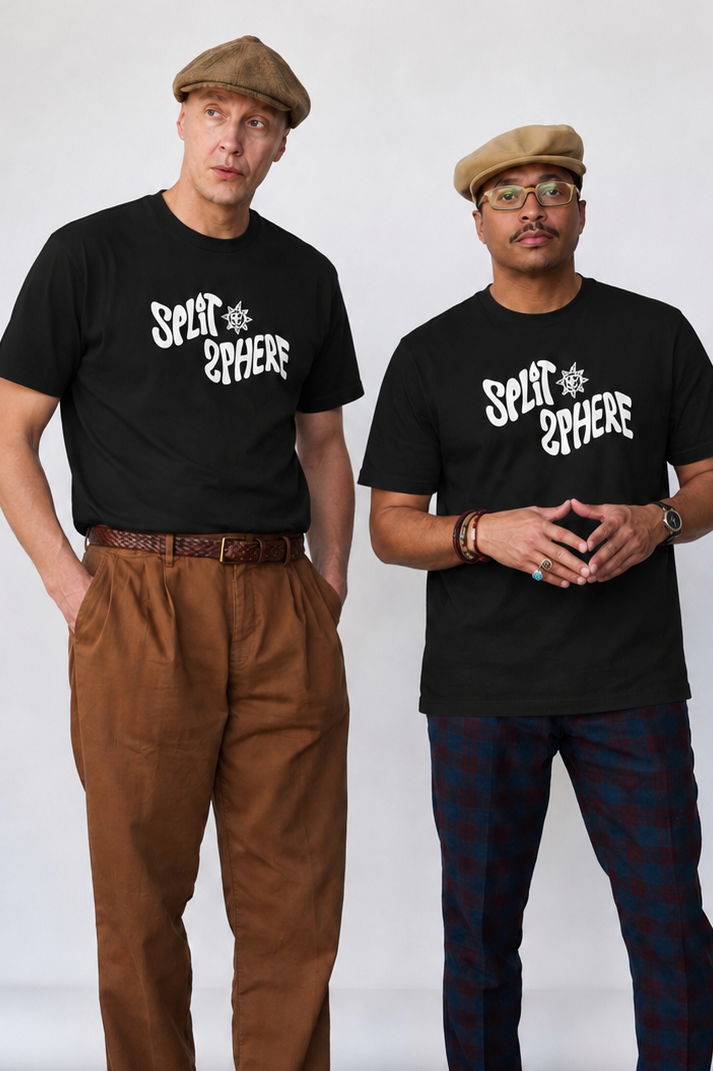 Moka Only and Prevail standing together wearing white on black Split Sphere logo shirts.